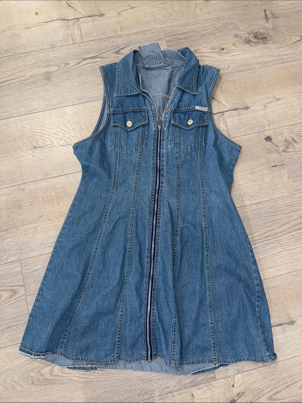 Sleeveless Zip-Front Denim Dress in Medium Blue